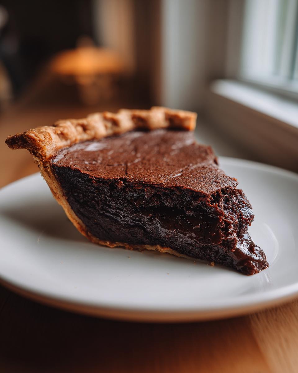 A close-up of a rich, dark slice of hot fudge pie on a white plate, showing the gooey filling oozing out.
