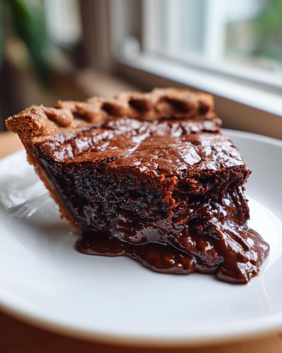 A rich, dark slice of hot fudge pie with gooey chocolate filling oozing onto a white plate.