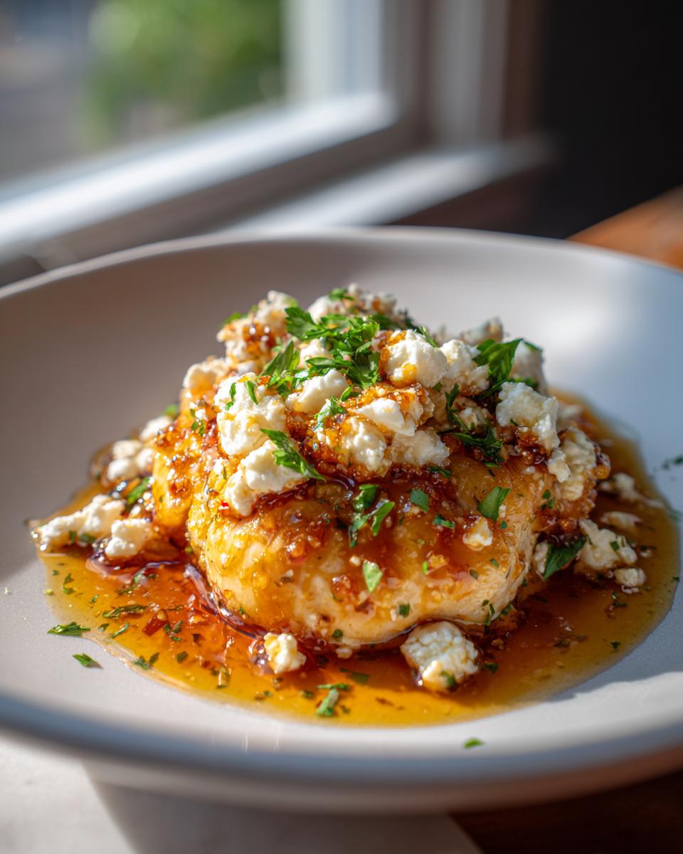 A piece of chicken smothered in glistening hot honey glaze, topped with crumbled feta cheese and fresh parsley, representing hot honey feta chicken.