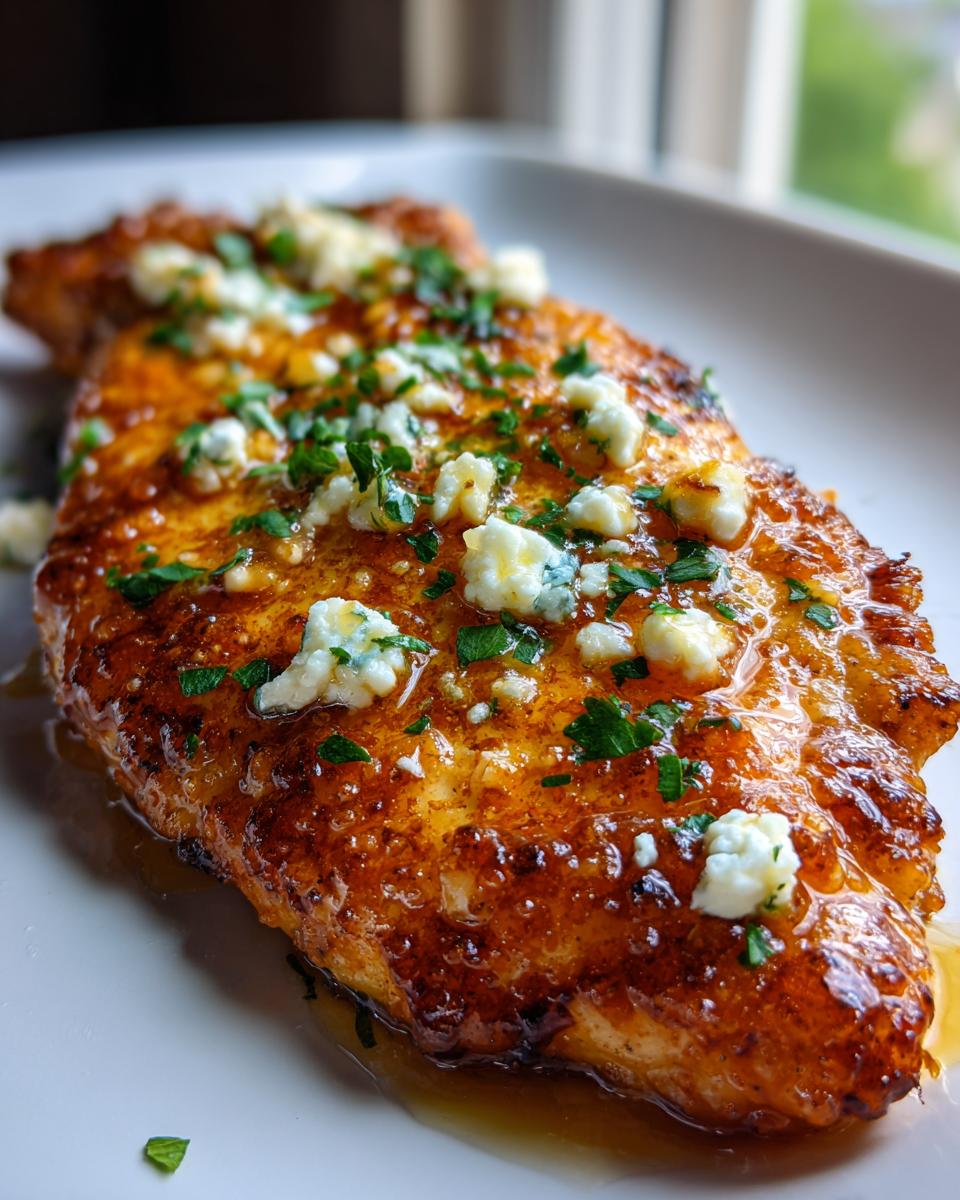 Close-up of a glazed hot honey feta chicken breast topped with crumbled feta and fresh parsley.