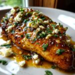 A close-up of a juicy hot honey feta chicken breast covered in a glistening orange glaze, crumbled white feta, and fresh parsley.