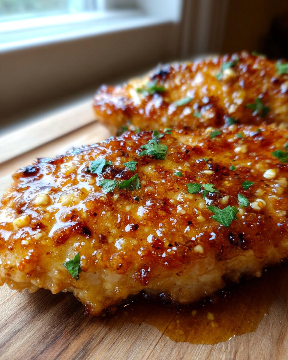 Close-up of a juicy chicken breast coated in a sticky, glistening hot honey glaze, garnished with parsley.