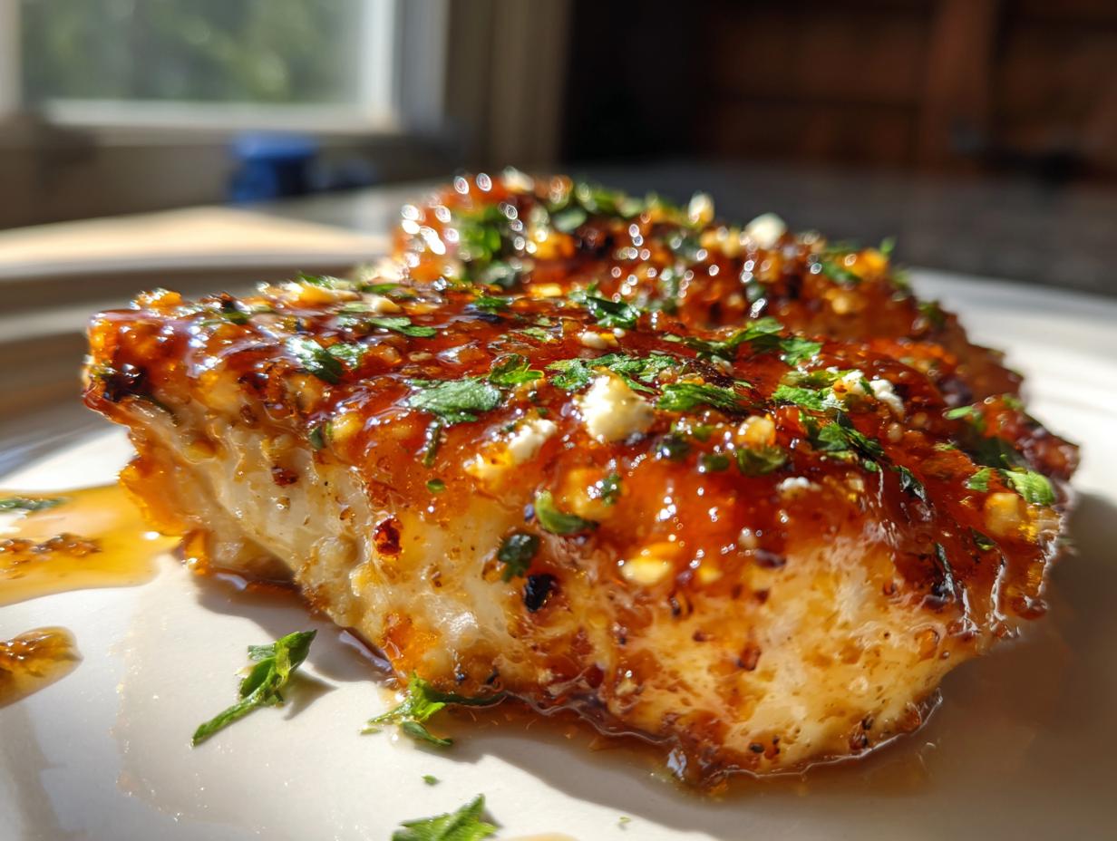 Close-up of a piece of hot honey feta chicken, glistening with a thick, sweet, and spicy glaze and topped with herbs.