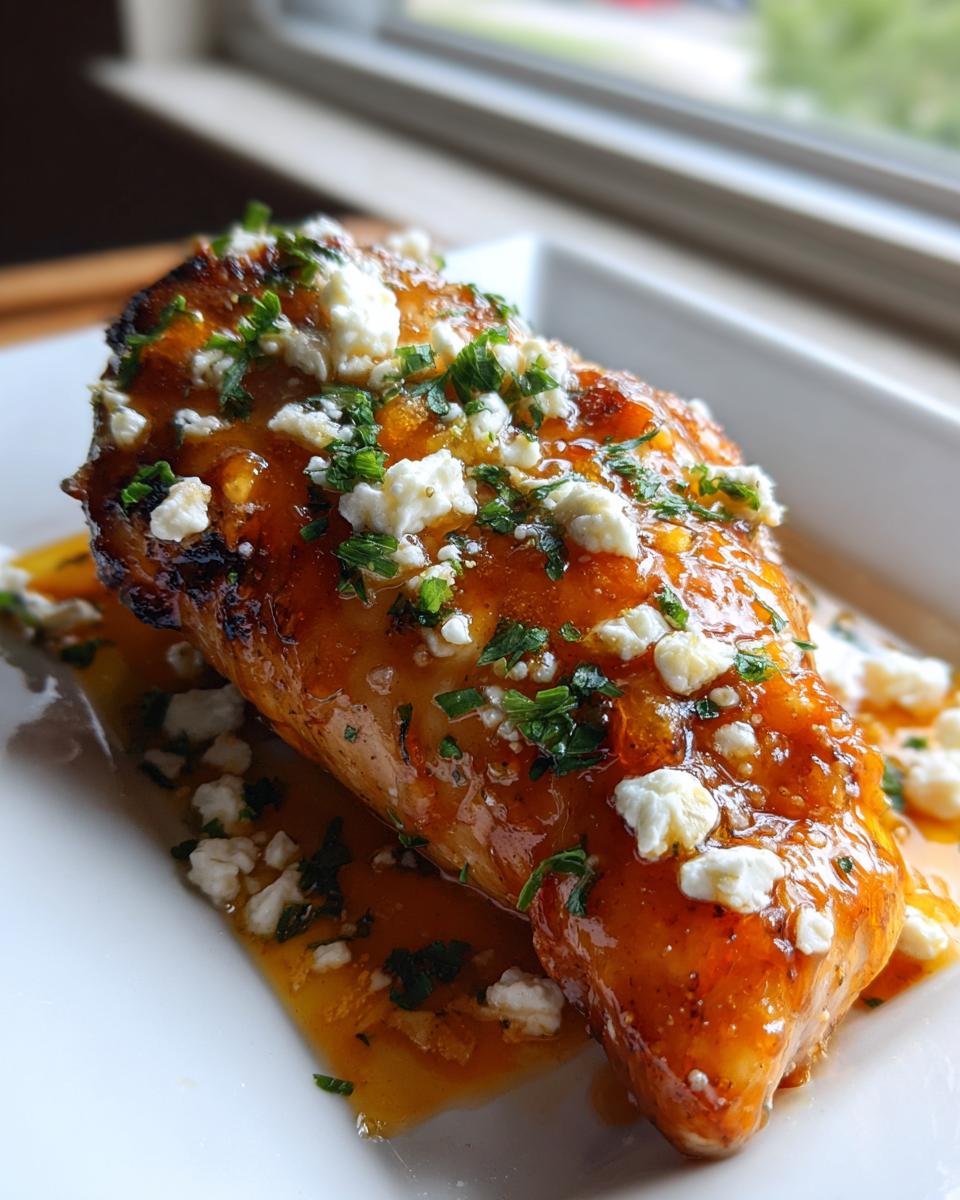 A close-up of a juicy hot honey feta chicken breast, glazed and topped with crumbled feta and fresh parsley.
