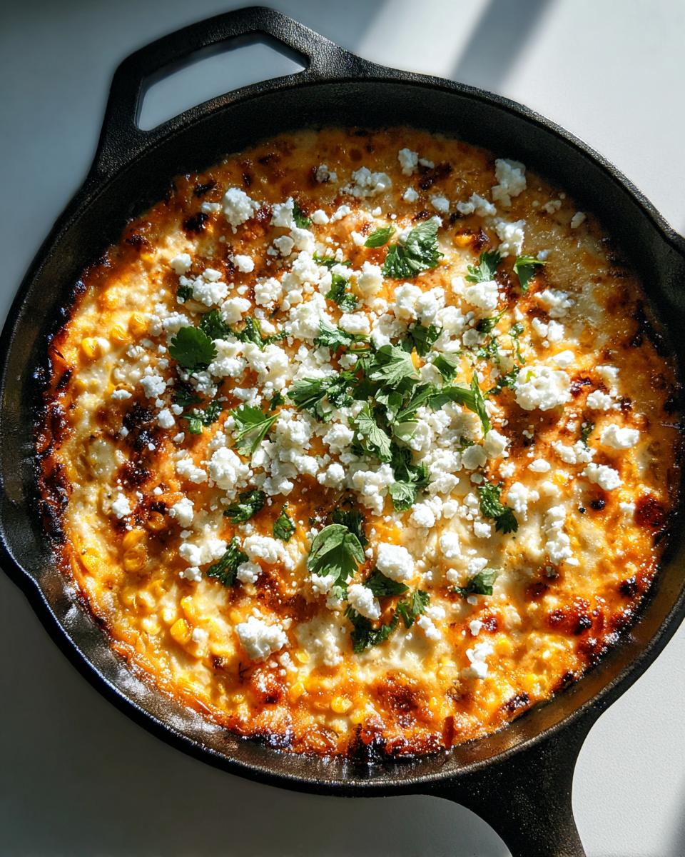 A freshly baked, bubbling mexican street corn dip topped with crumbled white cheese and fresh cilantro in a black cast iron skillet.