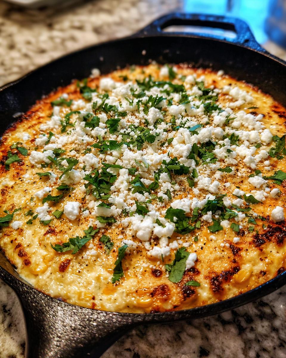 A bubbling, baked mexican street corn dip topped generously with crumbled white cheese and fresh cilantro in a black cast iron skillet.