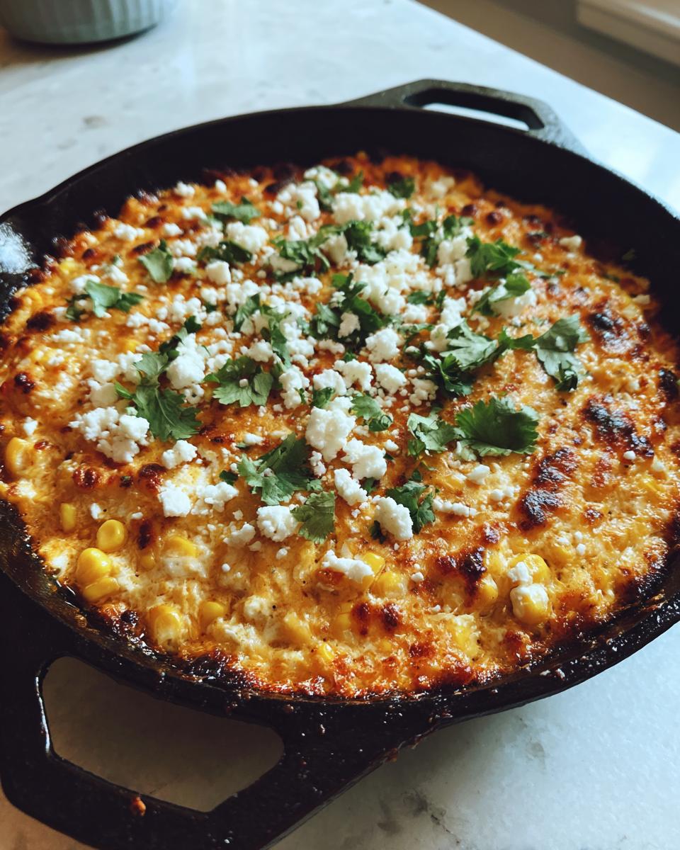 Close-up of bubbling hot mexican street corn dip topped with cotija cheese and cilantro in a black skillet.