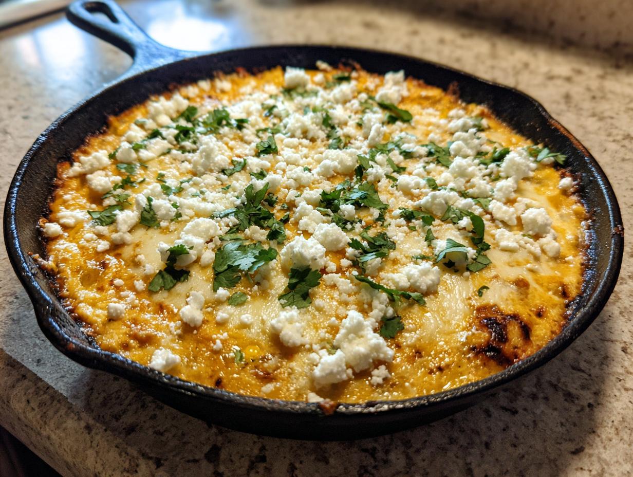 Close-up of baked mexican street corn dip topped with cotija cheese and cilantro in a black skillet.
