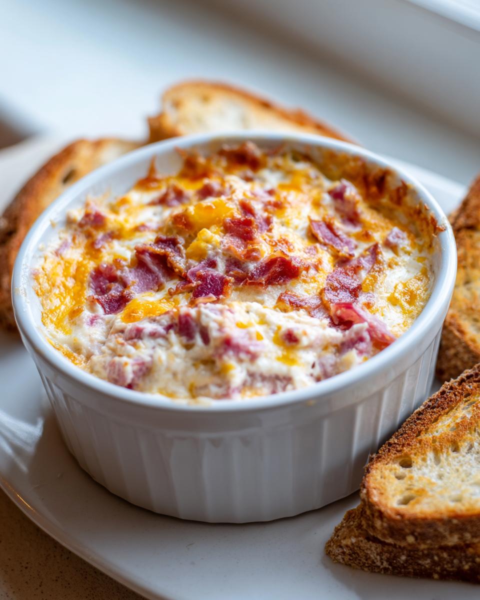 Close-up of a hot, baked reuben dip topped with melted cheese and corned beef, served with toasted bread slices.