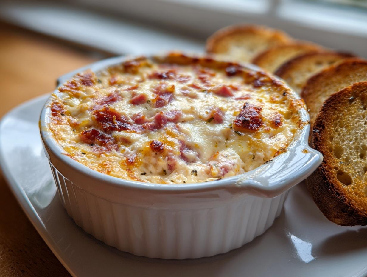A close-up of hot, cheesy reuben dip baked in a white ramekin, served with toasted bread slices.