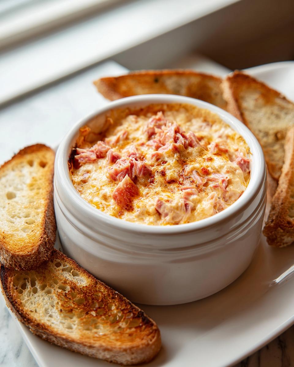 A warm, cheesy reuben dip topped with chopped corned beef in a white bowl, served with toasted baguette slices.
