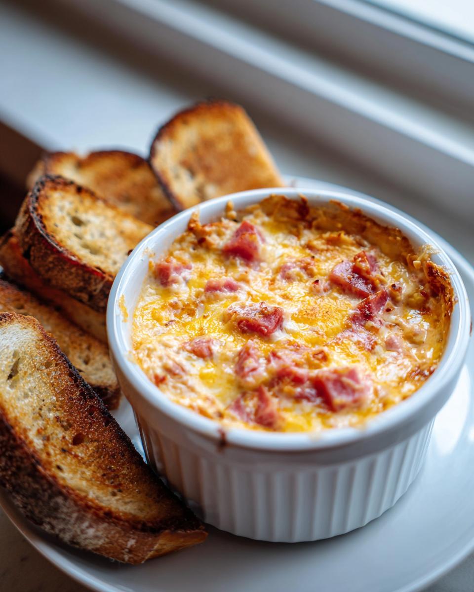 Close-up of a hot, baked reuben dip topped with melted cheese and corned beef chunks, served with toasted rye bread slices.