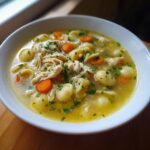 A close-up of a white bowl filled with steaming italian penicillin soup featuring shredded chicken, small pasta shapes, and sliced carrots.