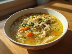 A close-up of a white bowl filled with steaming italian penicillin soup, featuring shredded chicken, orzo pasta, carrots, and fresh parsley.