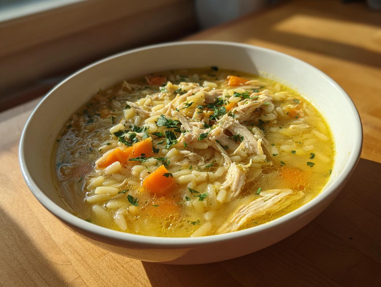 A close-up of a white bowl filled with steaming italian penicillin soup, featuring shredded chicken, orzo pasta, carrots, and fresh parsley.