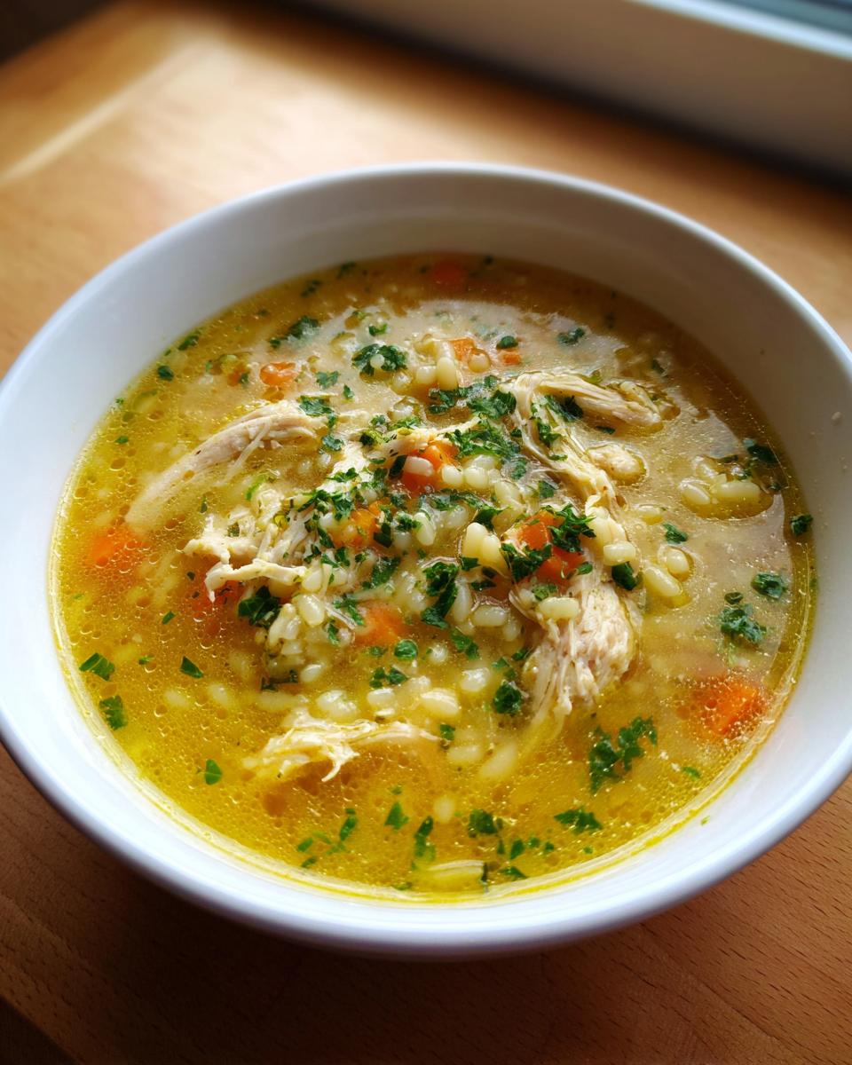A close-up of a white bowl filled with rich, yellow Italian penicillin soup featuring shredded chicken, orzo pasta, carrots, and fresh parsley.