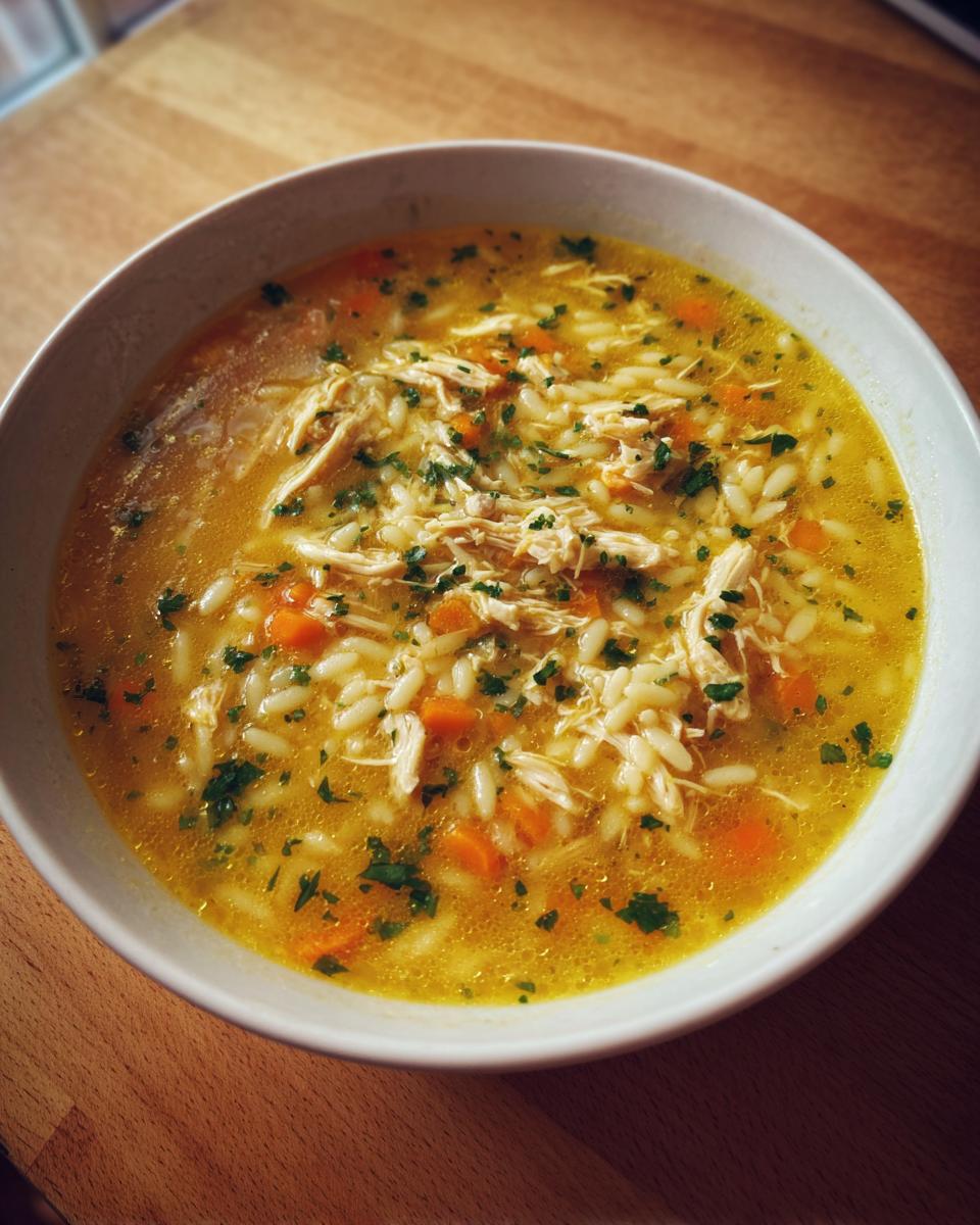 A close-up of a white bowl filled with rich, yellow italian penicillin soup containing shredded chicken, orzo pasta, and diced carrots, garnished with parsley.