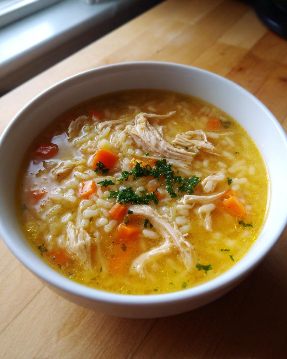 A close-up of a white bowl filled with rich, yellow italian penicillin soup containing shredded chicken, rice, and diced carrots, garnished with parsley.