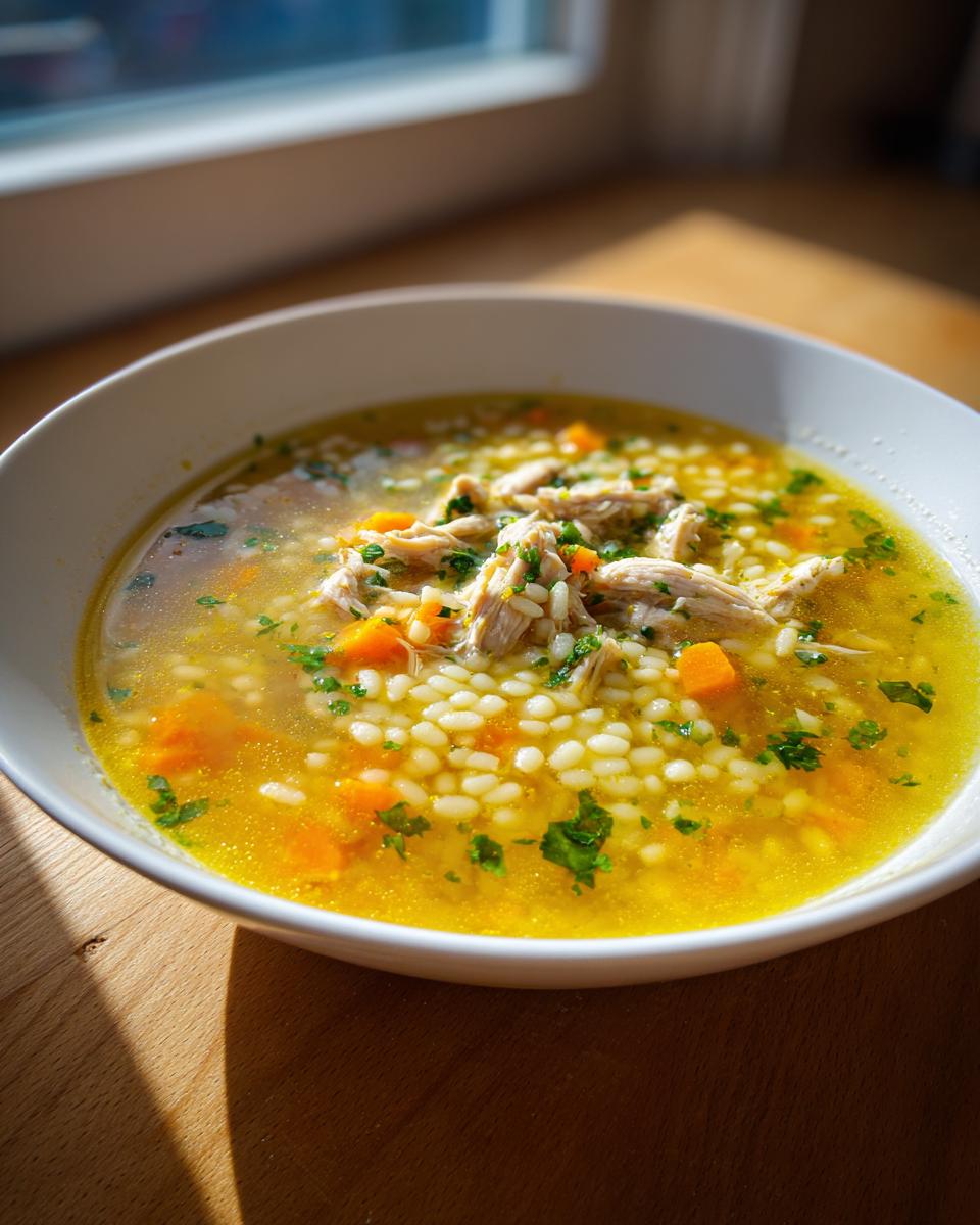 A close-up of a white bowl filled with bright yellow Italian penicillin soup, featuring shredded chicken, orzo pasta, carrots, and parsley.