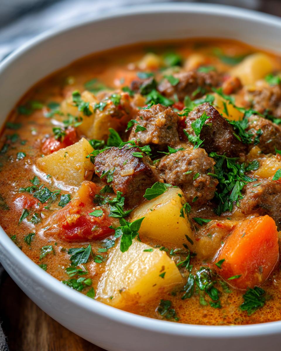 Close-up of a rich, creamy Italian sausage soup filled with chunks of sausage, potatoes, and carrots, topped with fresh parsley.
