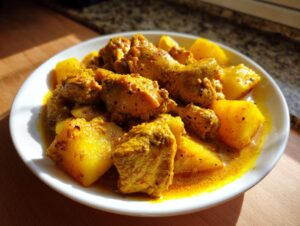 A white bowl filled with vibrant yellow Jamaican curry chicken pieces and large chunks of potato in a rich sauce.