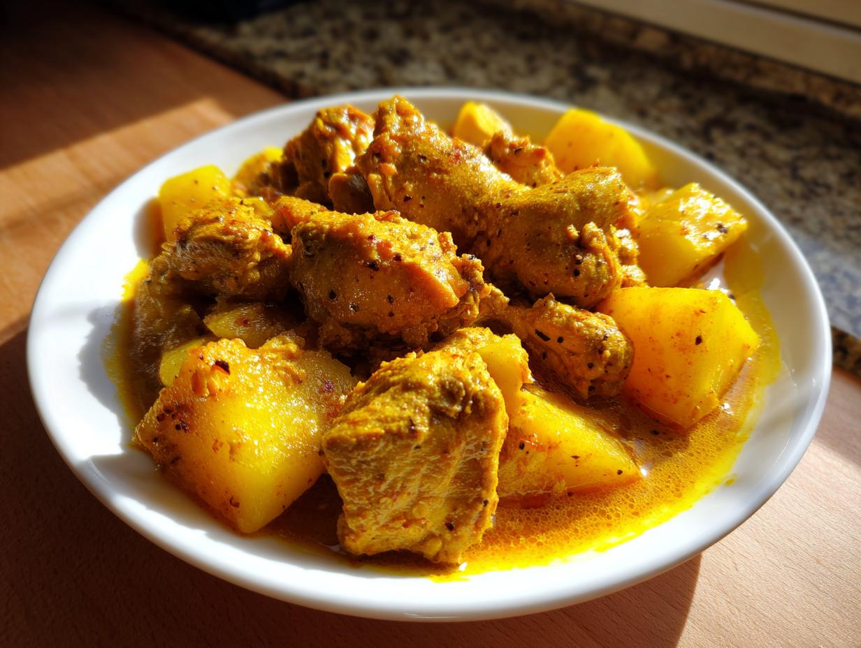A white bowl filled with vibrant yellow Jamaican curry chicken pieces and large chunks of potato in a rich sauce.