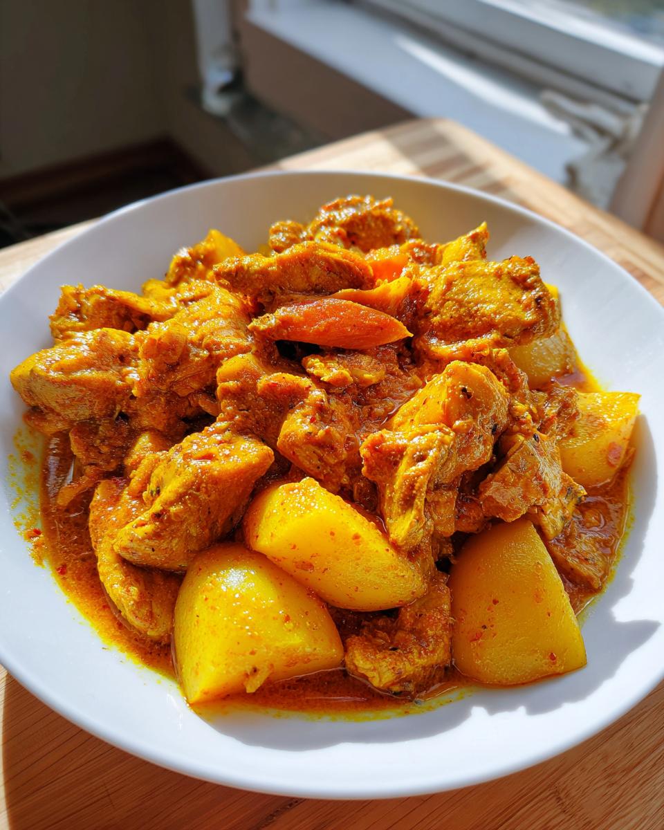 A close-up of vibrant Jamaican curry chicken served with large chunks of yellow potato in a white bowl.