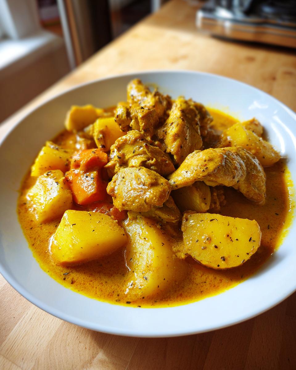 Close-up of a white bowl filled with vibrant Jamaican curry chicken, potatoes, and carrots in a rich yellow sauce.