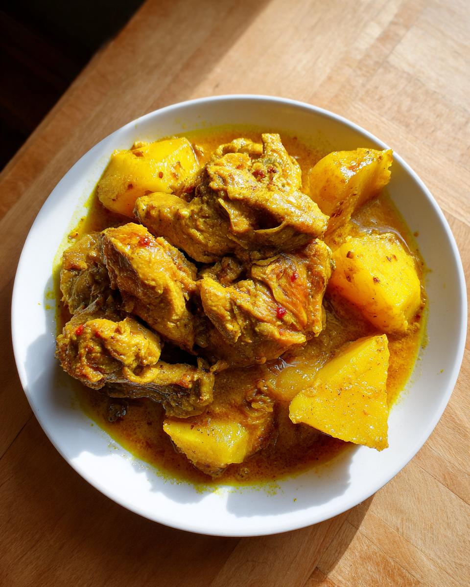 A close-up overhead shot of vibrant Jamaican curry chicken served in a white bowl with large chunks of potato.