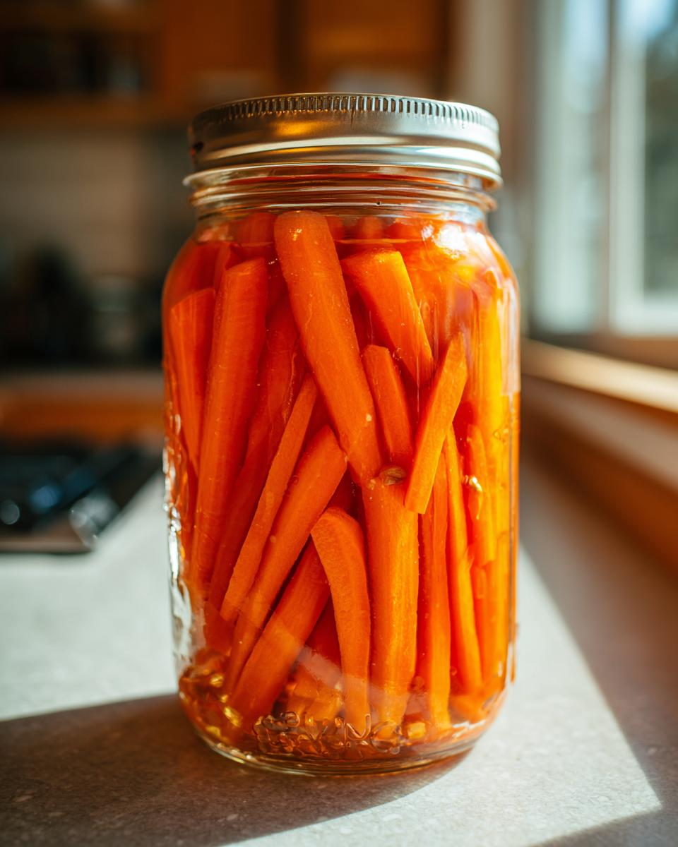 A glass jar filled with bright orange, stick-cut pickled carrots soaking in brine on a kitchen counter.