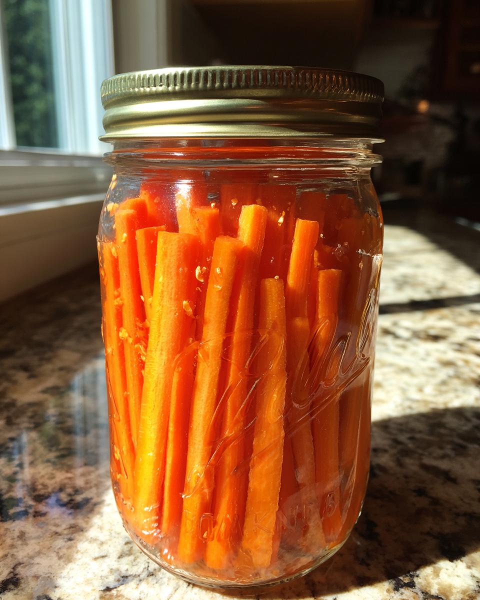 A glass jar filled with bright orange, stick-cut pickled carrots, sealed with a gold lid.