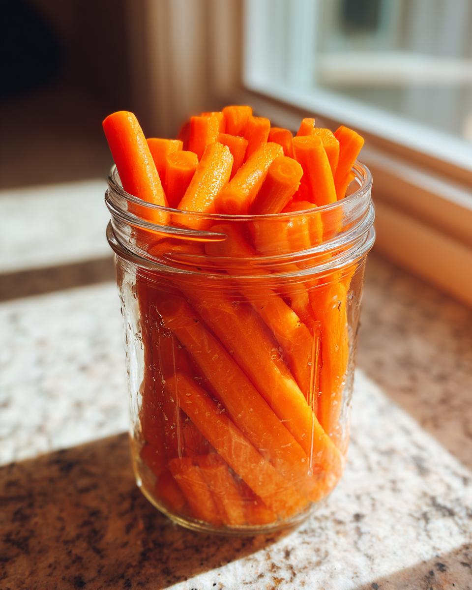 A glass jar filled with bright orange, cut carrot sticks, likely pickled carrots, sitting on a granite counter near a window.