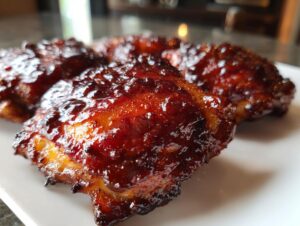Close-up of several pieces of incredibly juicy bbq chicken covered in a thick, dark, glossy sauce.