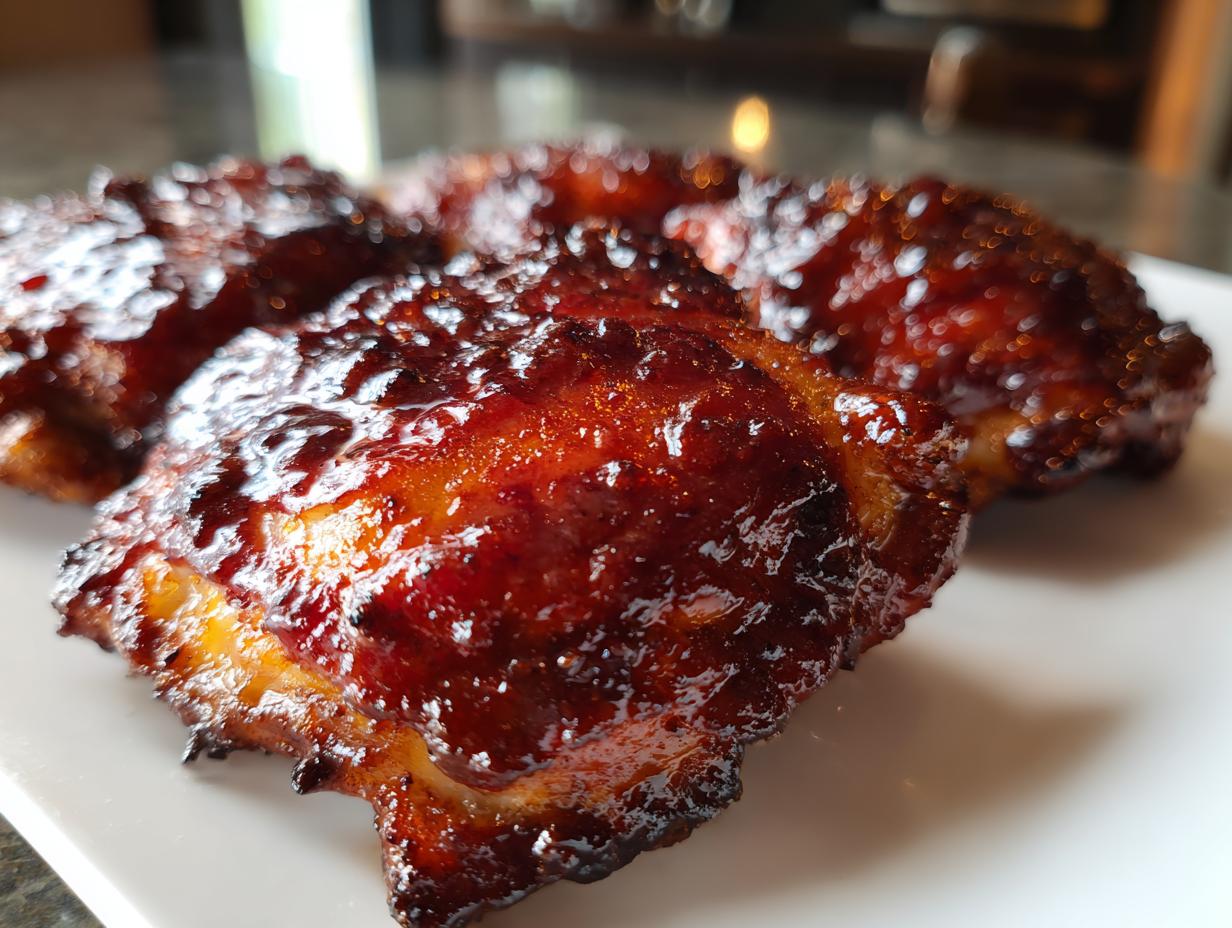Close-up of several pieces of incredibly juicy bbq chicken covered in a thick, dark, glossy sauce.