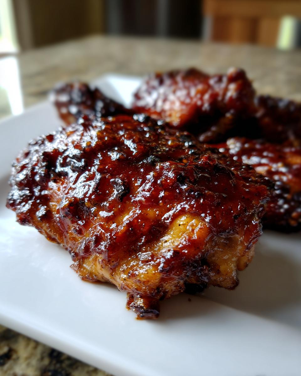 Close-up of a piece of juicy bbq chicken coated in a thick, dark, glossy barbecue sauce.