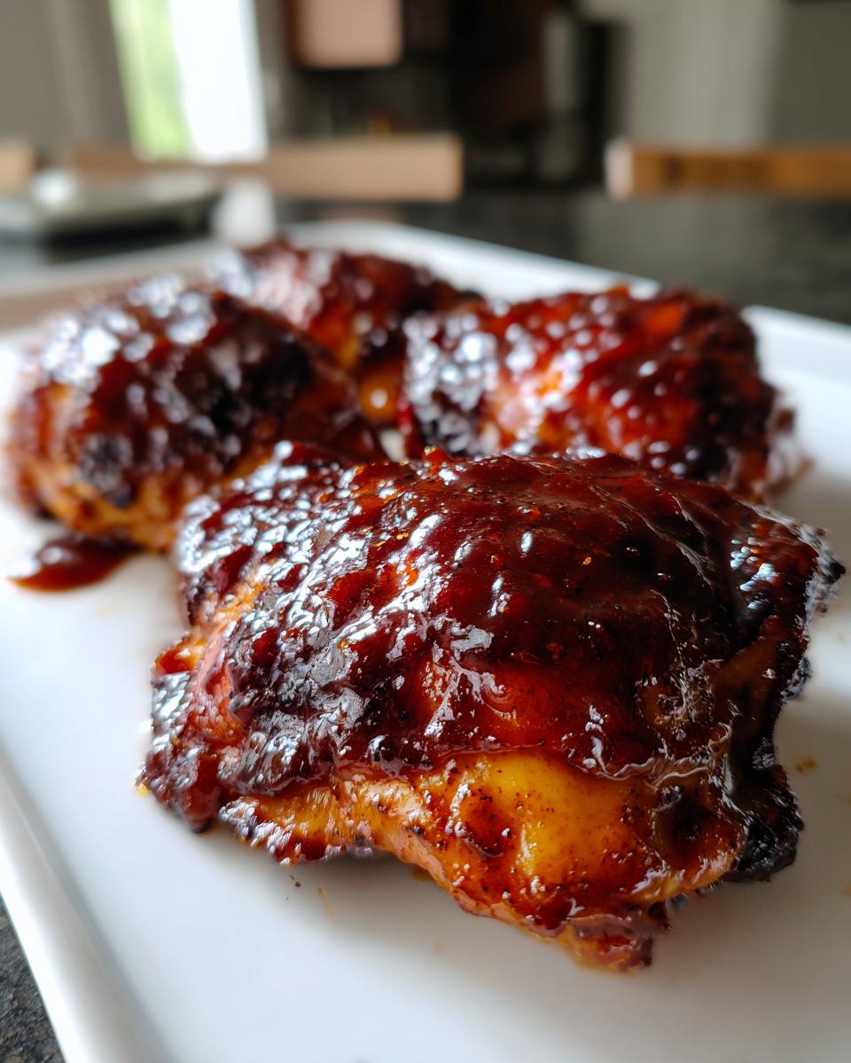 Close-up of juicy bbq chicken thighs heavily coated in a thick, dark, glossy barbecue sauce.