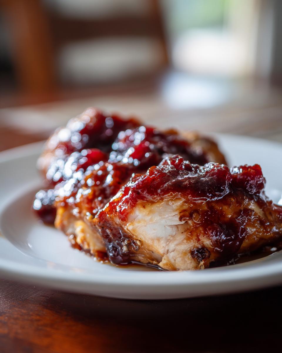 Close-up of tender baked cranberry chicken breast covered in a thick, glossy cranberry glaze.