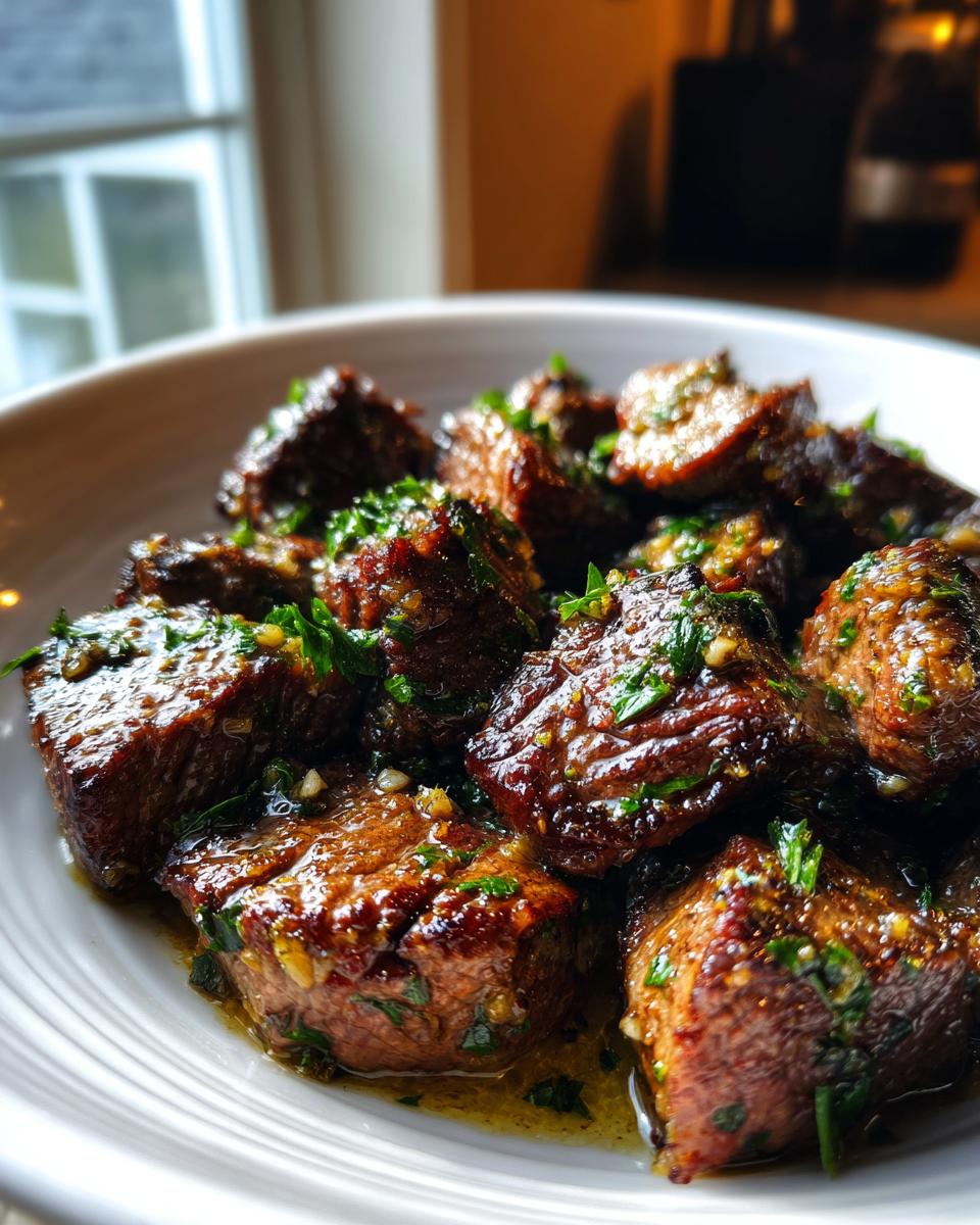 Close-up of tender garlic butter steak bites coated in glistening sauce and fresh parsley.