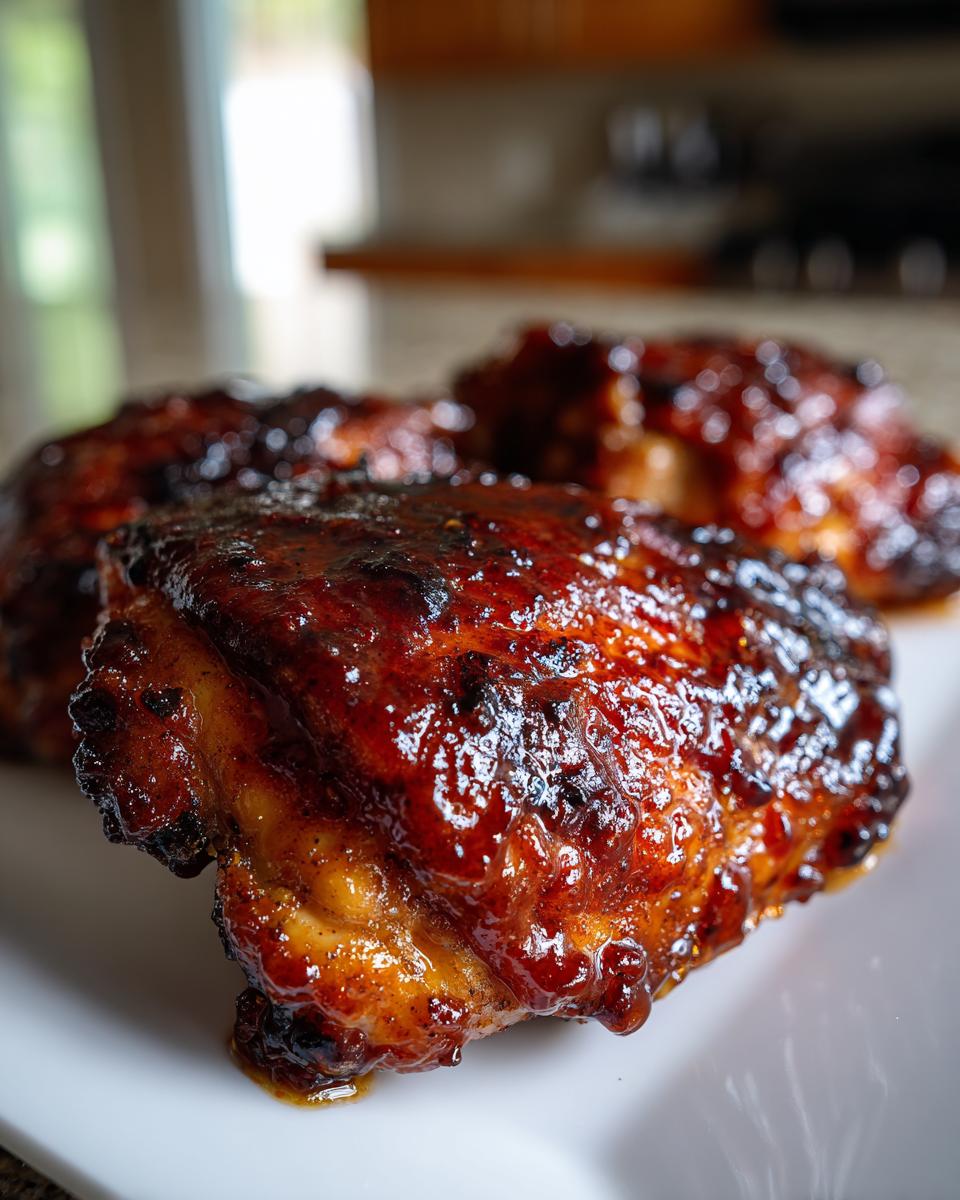 Close-up of juicy, caramelized bbq chicken pieces covered in a thick, glossy sauce on a white plate.