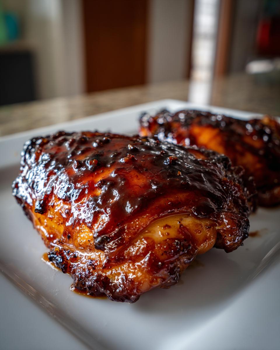 Close-up of a juicy, glazed bbq chicken thigh with a thick, dark, caramelized sauce.