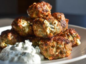 A stack of golden brown greek chicken meatballs, some showing white feta cheese filling, served with tzatziki sauce.