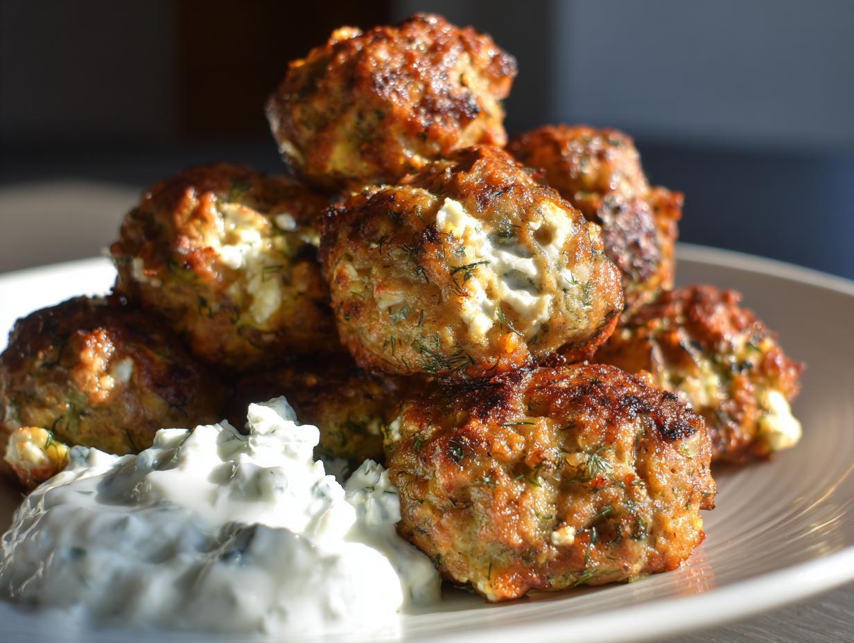 A stack of golden brown greek chicken meatballs, some showing white feta cheese filling, served with tzatziki sauce.