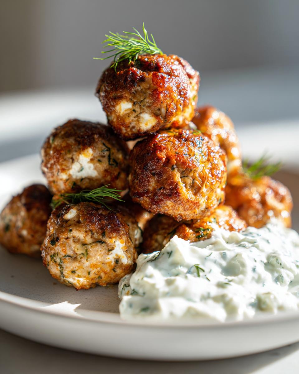 A stack of golden brown greek chicken meatballs served with a dollop of creamy tzatziki sauce and garnished with dill.