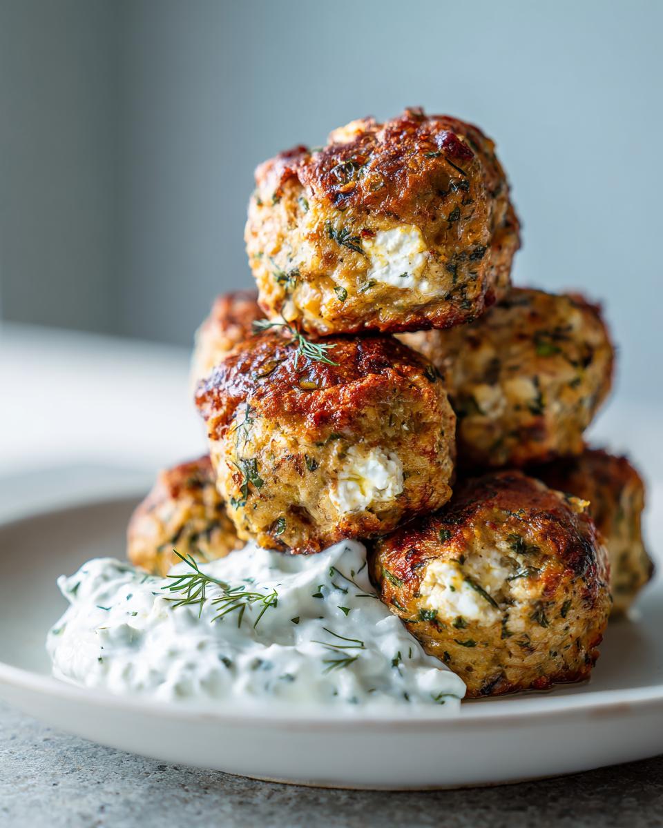 A stack of golden brown greek chicken meatballs served with a dollop of creamy tzatziki sauce and fresh dill.