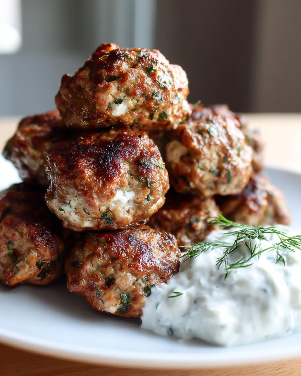 A stack of golden-brown greek chicken meatballs served with a dollop of tzatziki sauce and fresh dill.