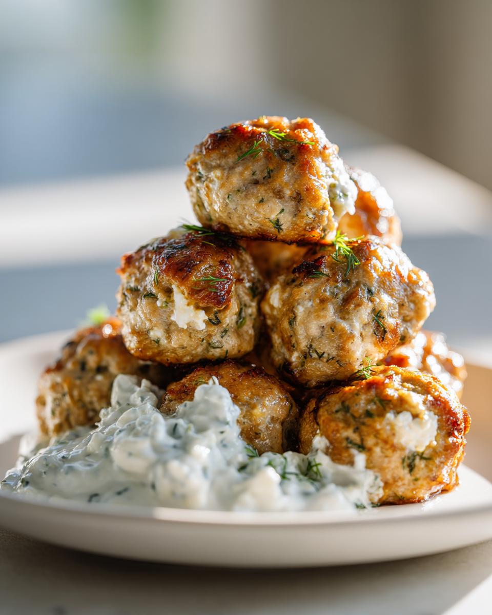 A stack of golden-brown greek chicken meatballs served over a generous dollop of creamy tzatziki sauce.