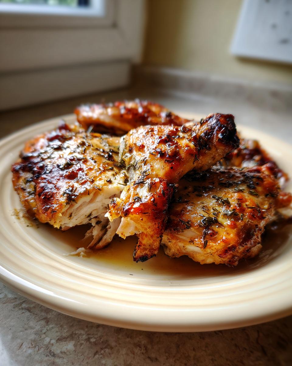 Close-up of a plate featuring juicy, herb-crusted greek chicken pieces with browned skin and visible white meat.