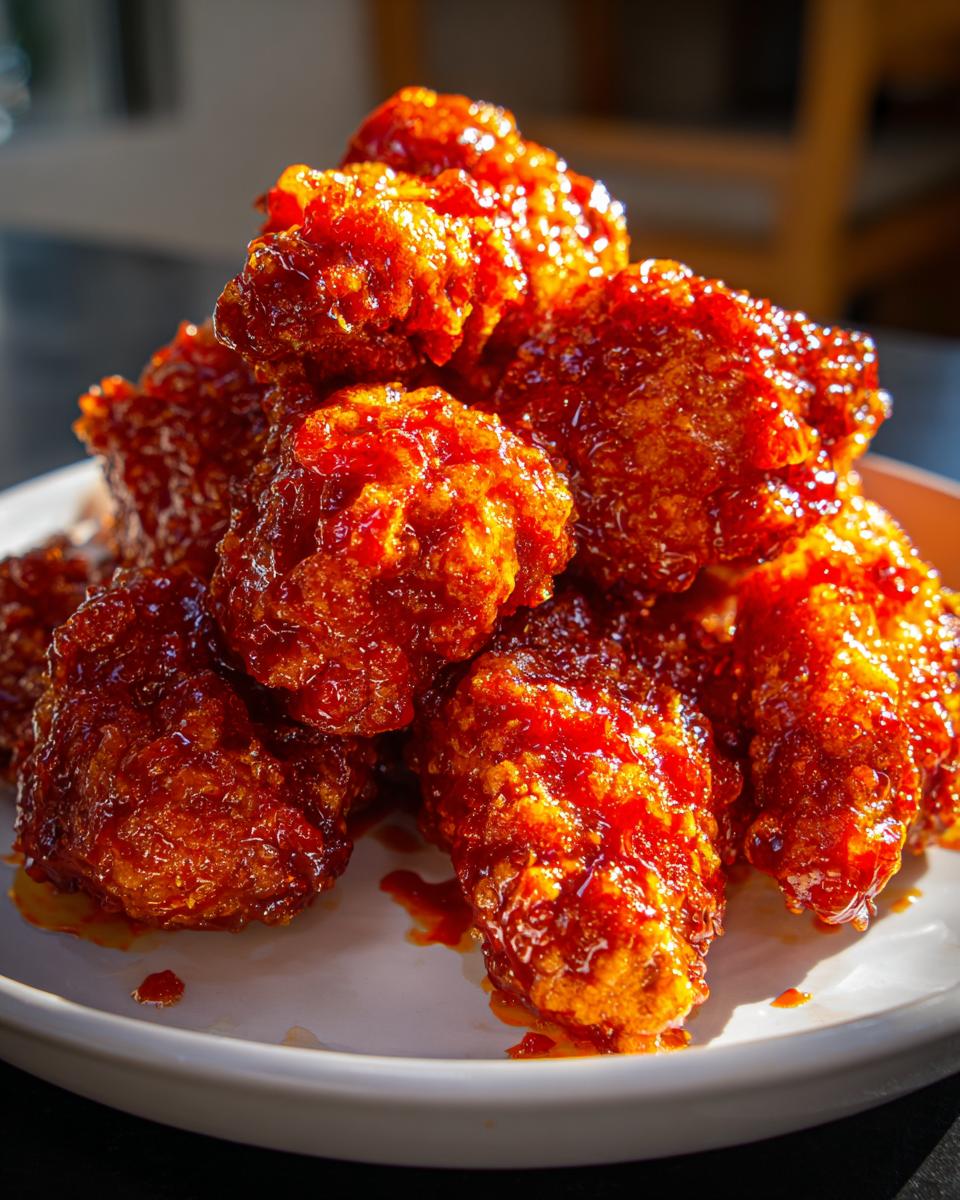 A close-up of a pile of crispy, saucy korean fried chicken wings coated in a bright red glaze.