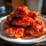 A pile of crispy korean fried chicken pieces coated in a thick, glossy, bright red spicy sauce on a white plate.