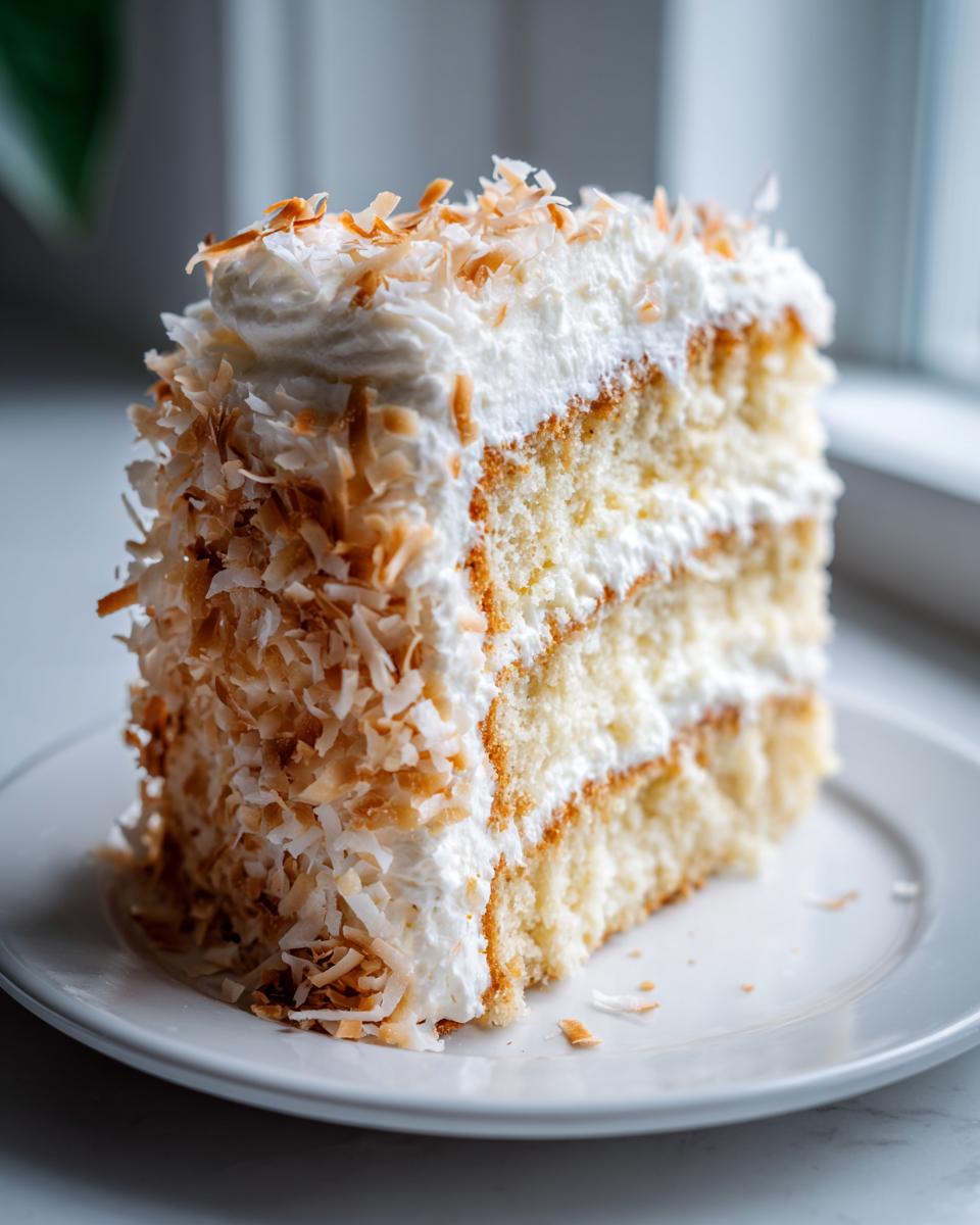 A perfect slice of layered coconut cake recipe covered in white frosting and toasted coconut flakes.